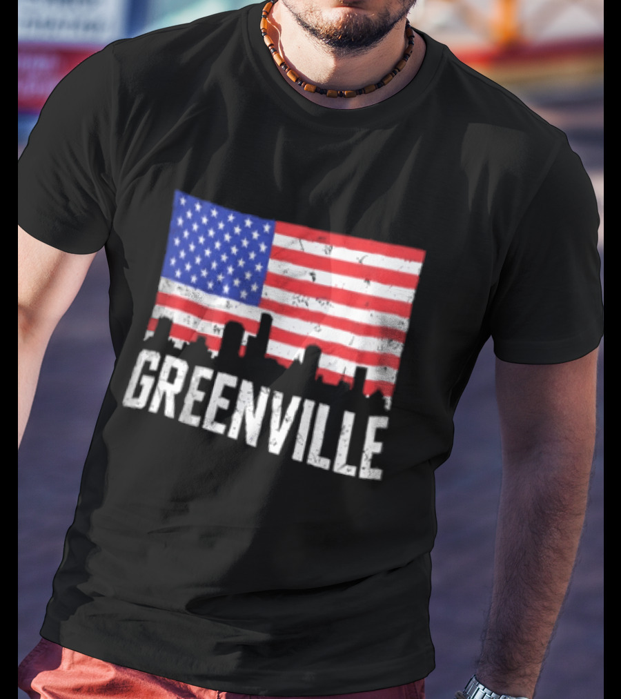 Greenville Skyline American Flag Cityscape T-Shirt