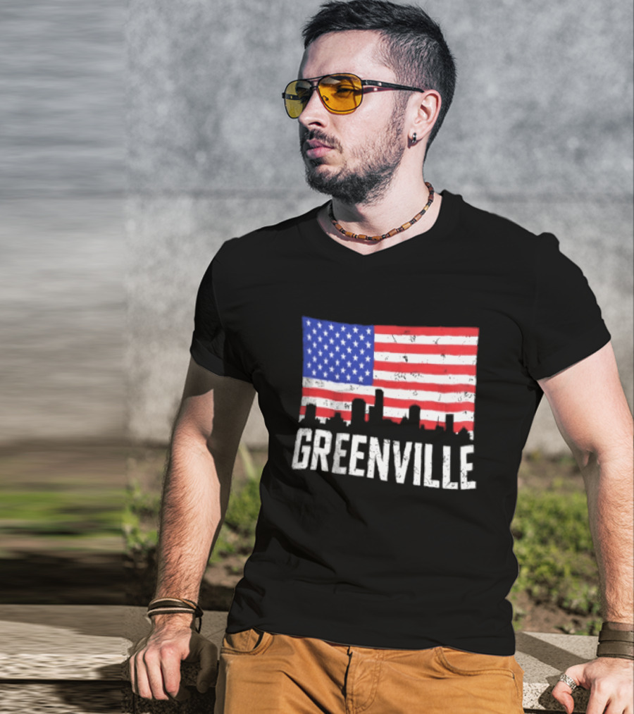Greenville Skyline American Flag Cityscape T-Shirt