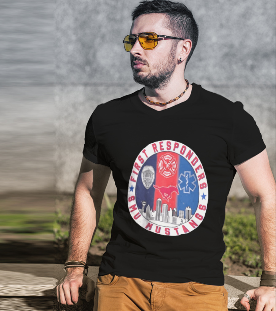 First Responders SMU Mustangs Emergency Services Tribute Skyline T-Shirt