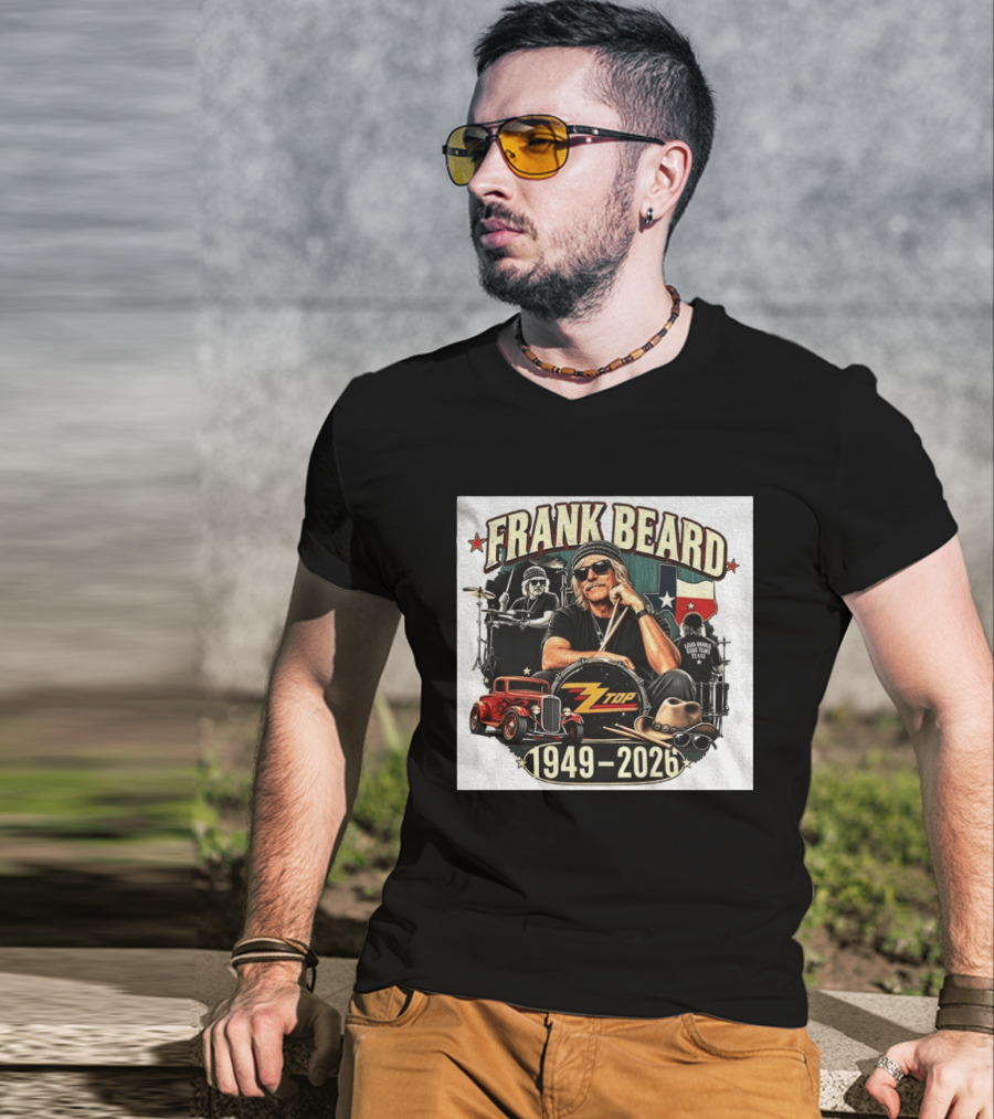 Frank Beard ZZ Top Rock Texas Drummer 1949 2026 Vintage Car And Drumsticks T-Shirt