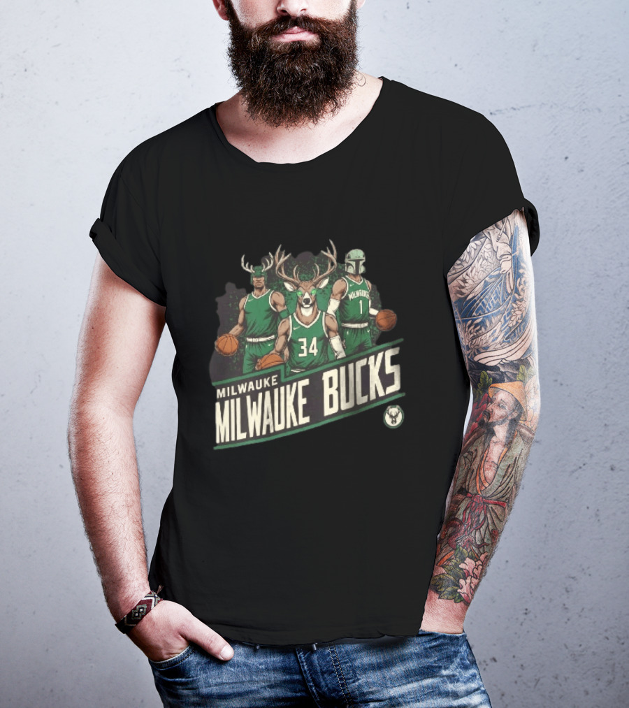 Milwaukee Bucks NBA Antler Helmet Buck Head Mandalorian Basketball Players T-Shirt