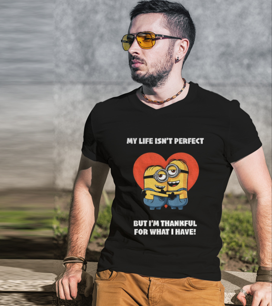 Minions My Life Isn't Perfect But I'm Thankful For What I Have Hugging Cartoon Characters T-Shirt