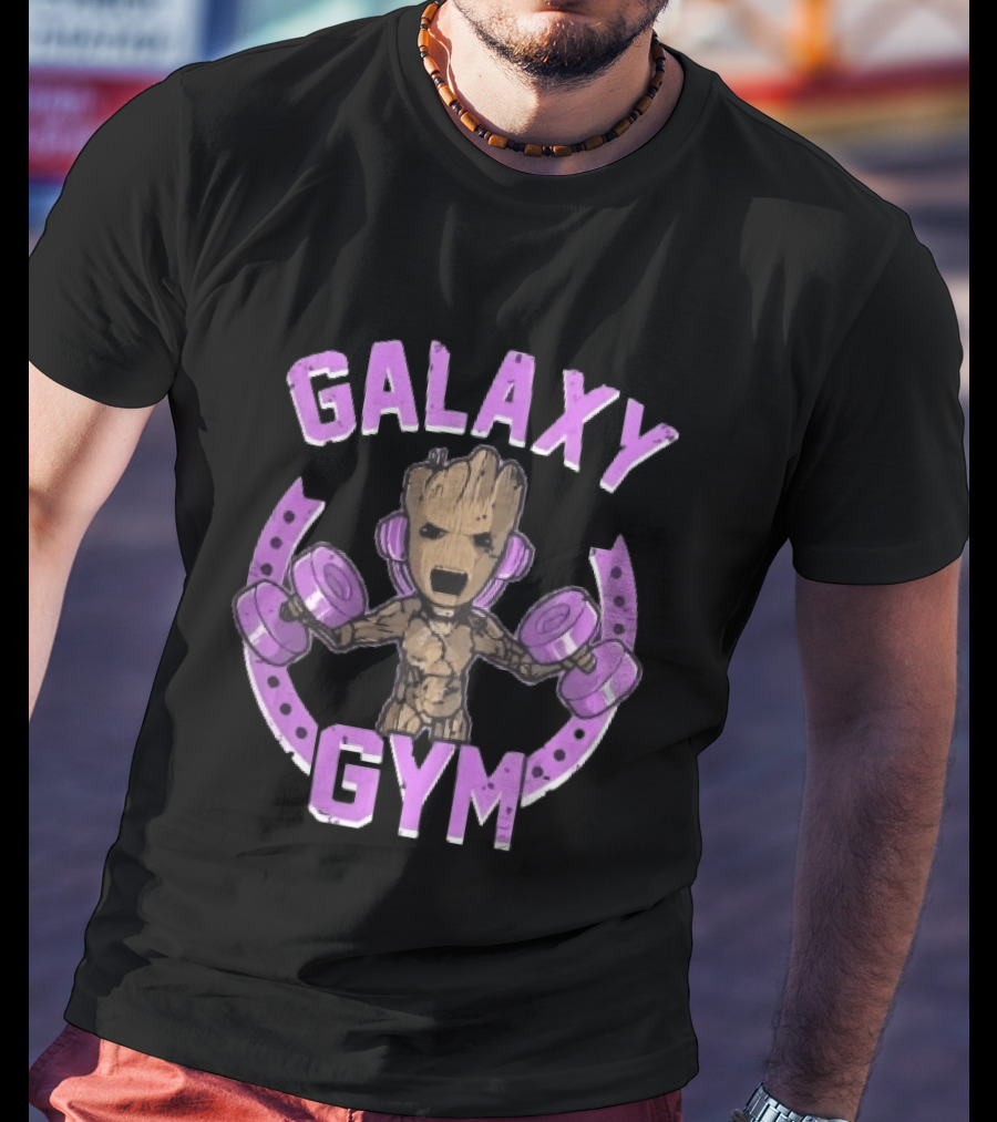 Galaxy Gym Cartoon Tree Lifting Dumbbells Headphones T-Shirt