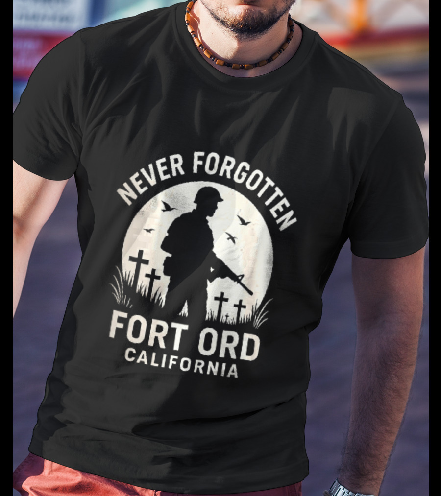 Never Forgotten Fort Ord California Soldier Moon Crosses Birds T-Shirt
