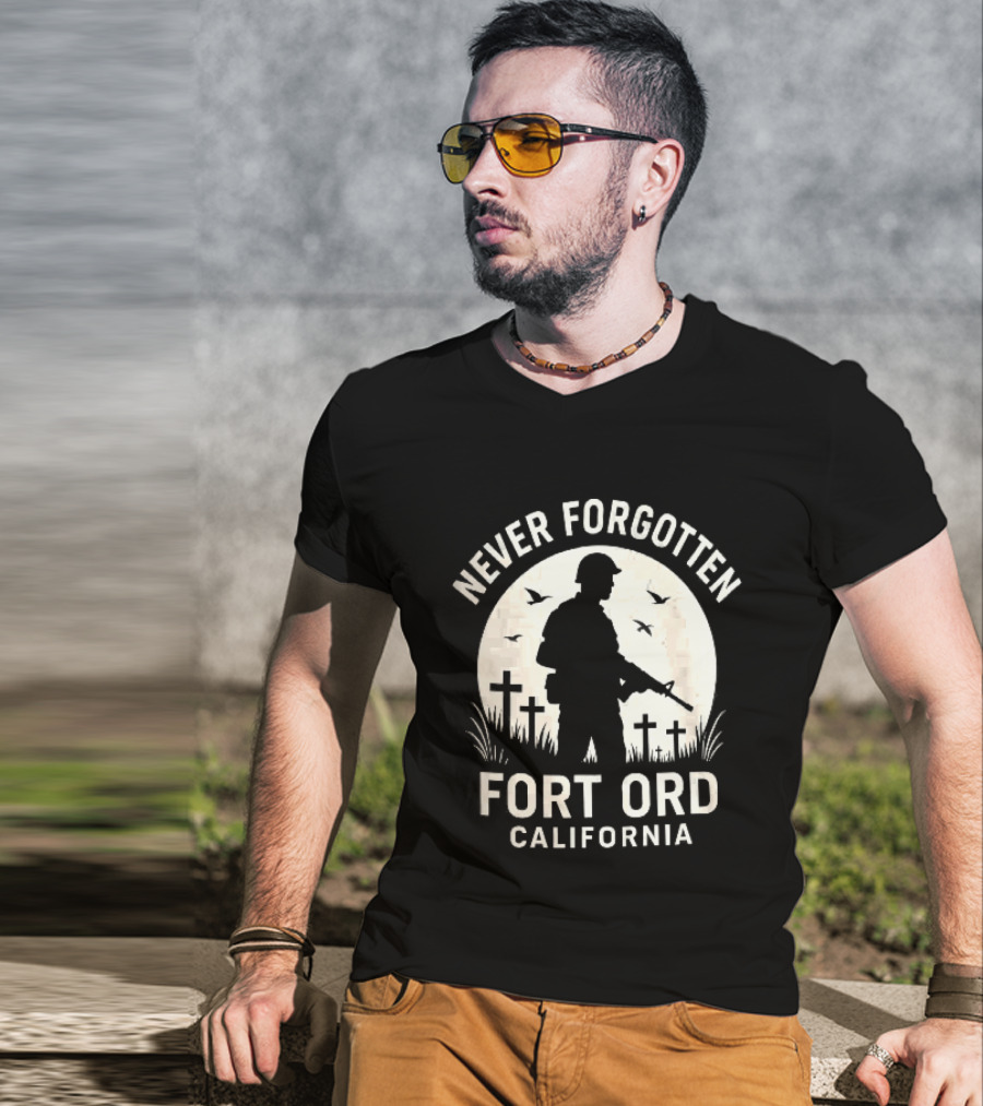 Never Forgotten Fort Ord California Soldier Moon Crosses Birds T-Shirt
