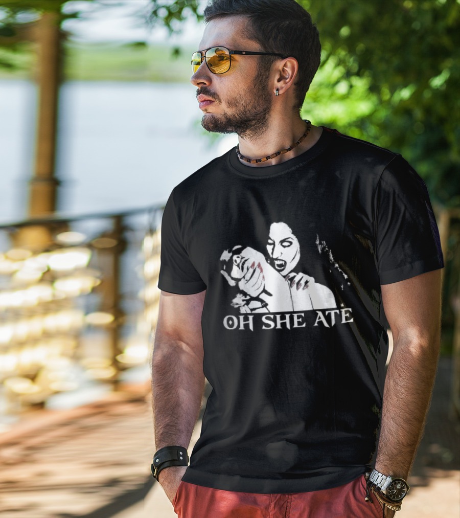 Oh She Ate Female Vampire Biting Neck Red Nails Stencil T-Shirt