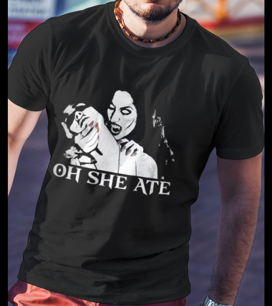 Oh She Ate Female Vampire Biting Neck Red Nails Stencil T-Shirt