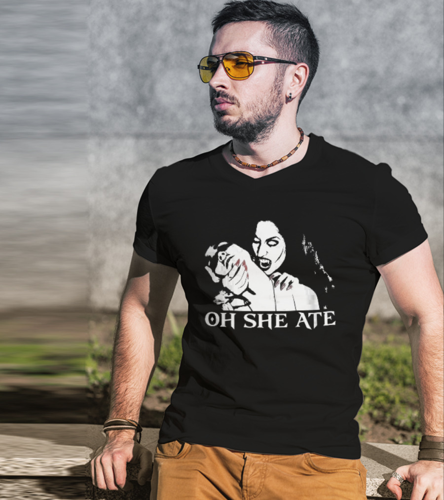 Oh She Ate Female Vampire Biting Neck Red Nails Stencil T-Shirt