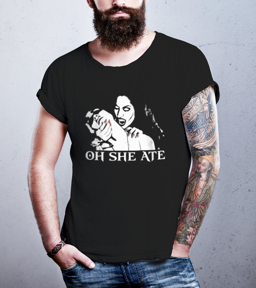 Oh She Ate Female Vampire Biting Neck Red Nails Stencil T-Shirt