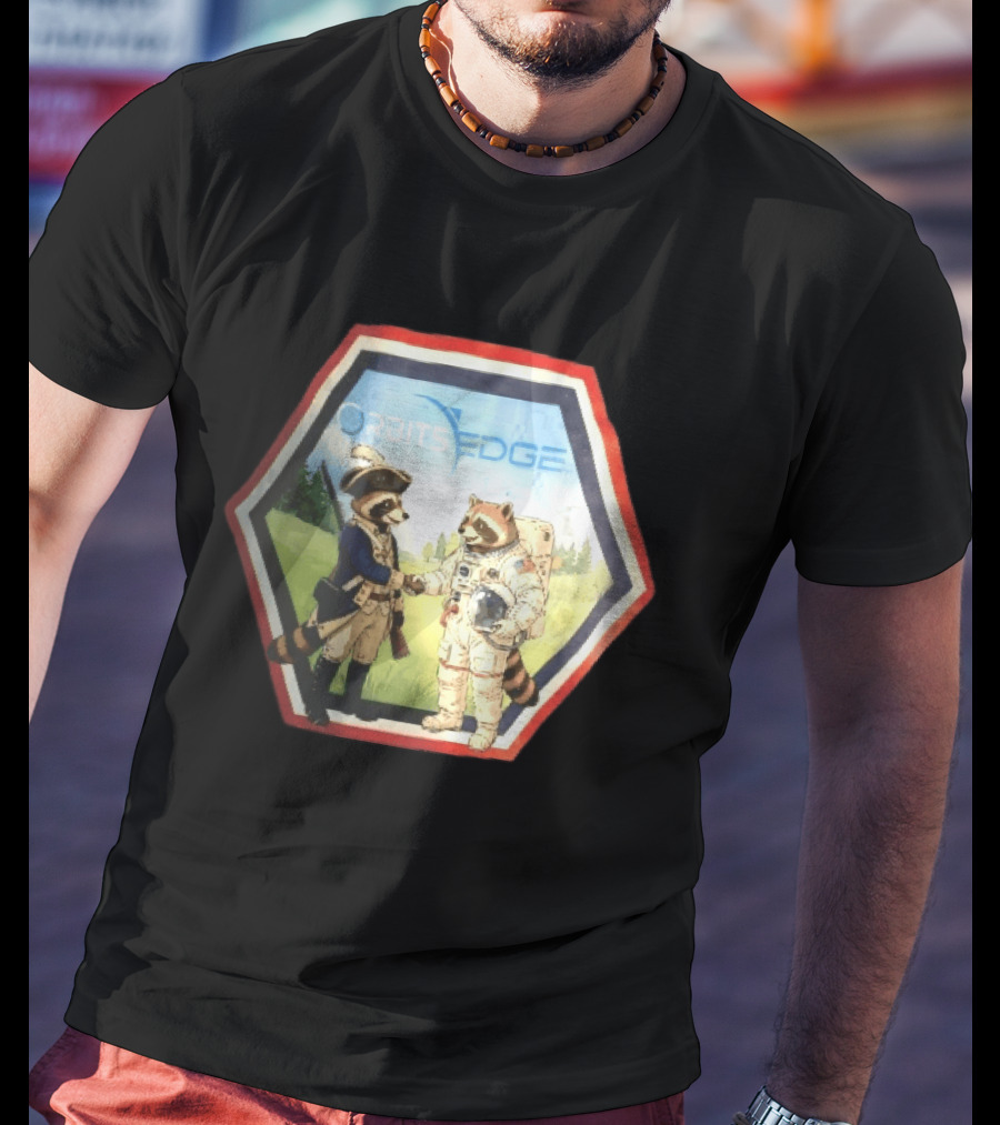 Orbits Edge Raccoon Soldier And Astronaut Handshake Cartoon T-Shirt