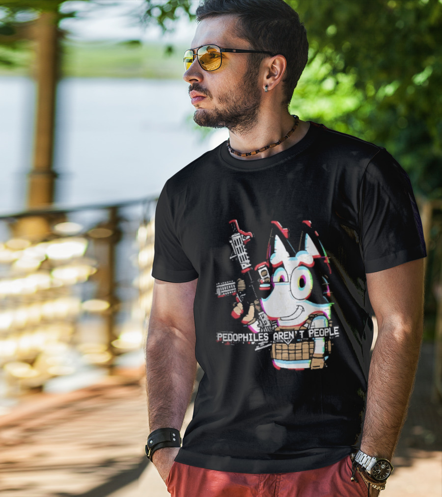 Pedophiles Aren't People Cartoon Dog Tactical Vest Assault Rifle Glitch Effect T-Shirt