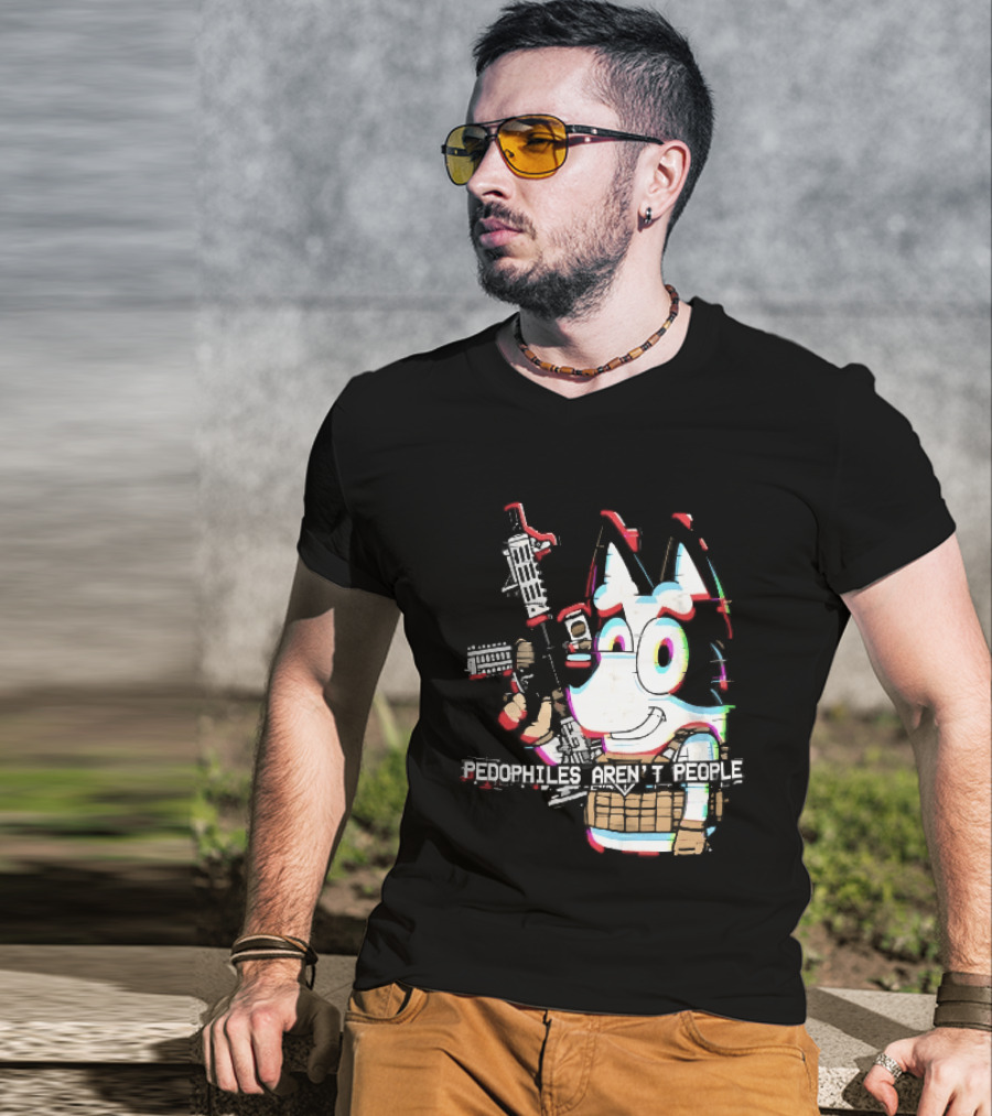 Pedophiles Aren't People Cartoon Dog Tactical Vest Assault Rifle Glitch Effect T-Shirt
