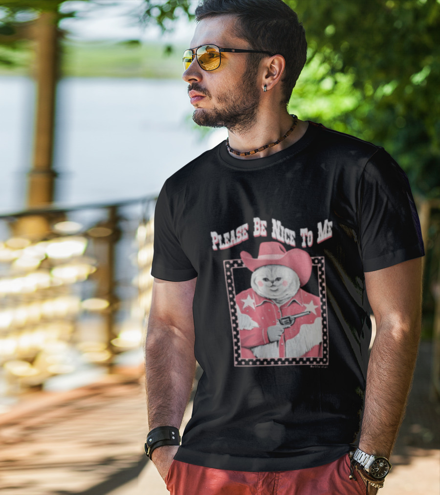 Please Be Nice To Me Cat Cowboy Red Hat Stars Weapon T-Shirt