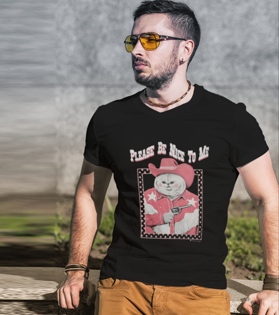 Please Be Nice To Me Cat Cowboy Red Hat Stars Weapon T-Shirt