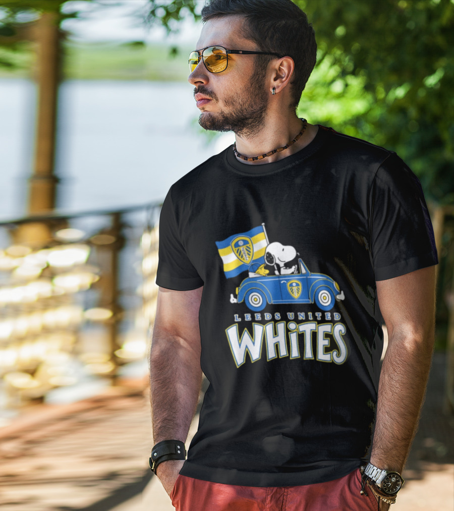 Leeds United Whites Snoopy Car Driving With Flag T-Shirt