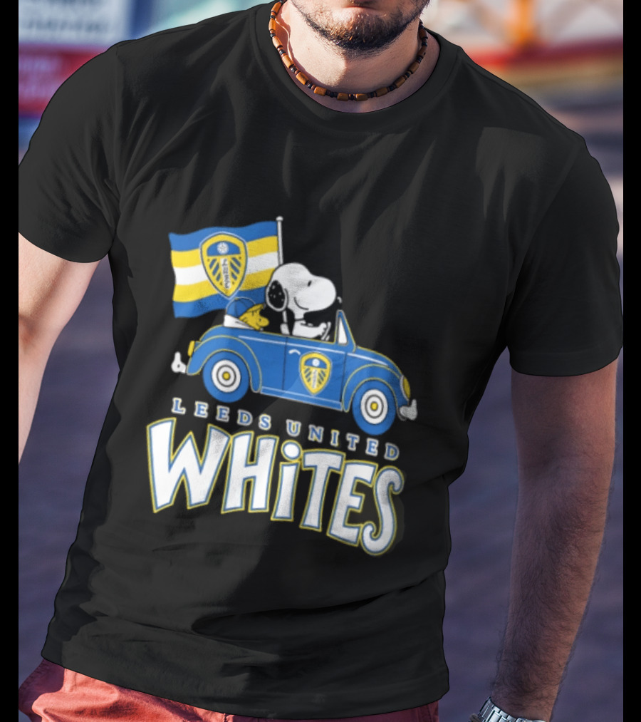 Leeds United Whites Snoopy Car Driving With Flag T-Shirt