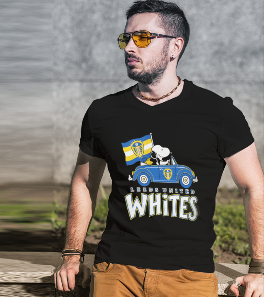 Leeds United Whites Snoopy Car Driving With Flag T-Shirt