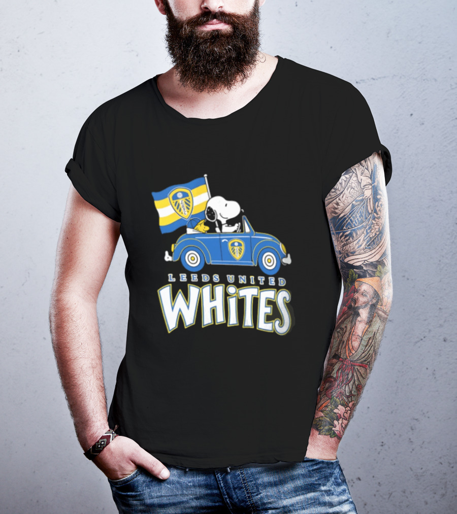 Leeds United Whites Snoopy Car Driving With Flag T-Shirt