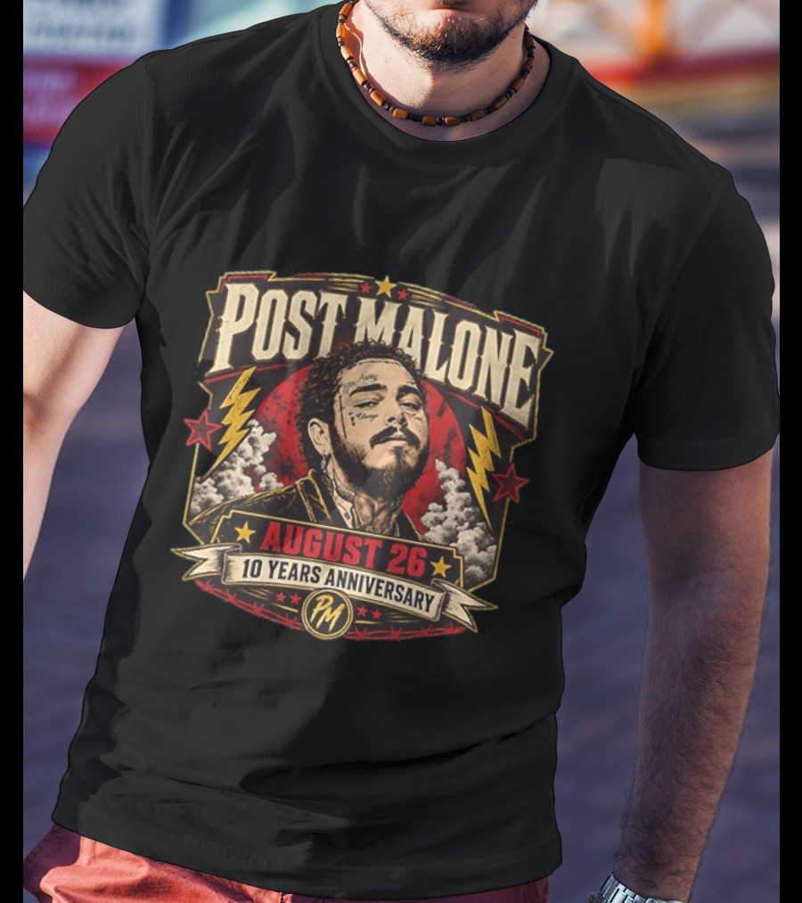Post Malone August 26 10 Years Anniversary Retro Style Lightning Bolts And Stars T-Shirt