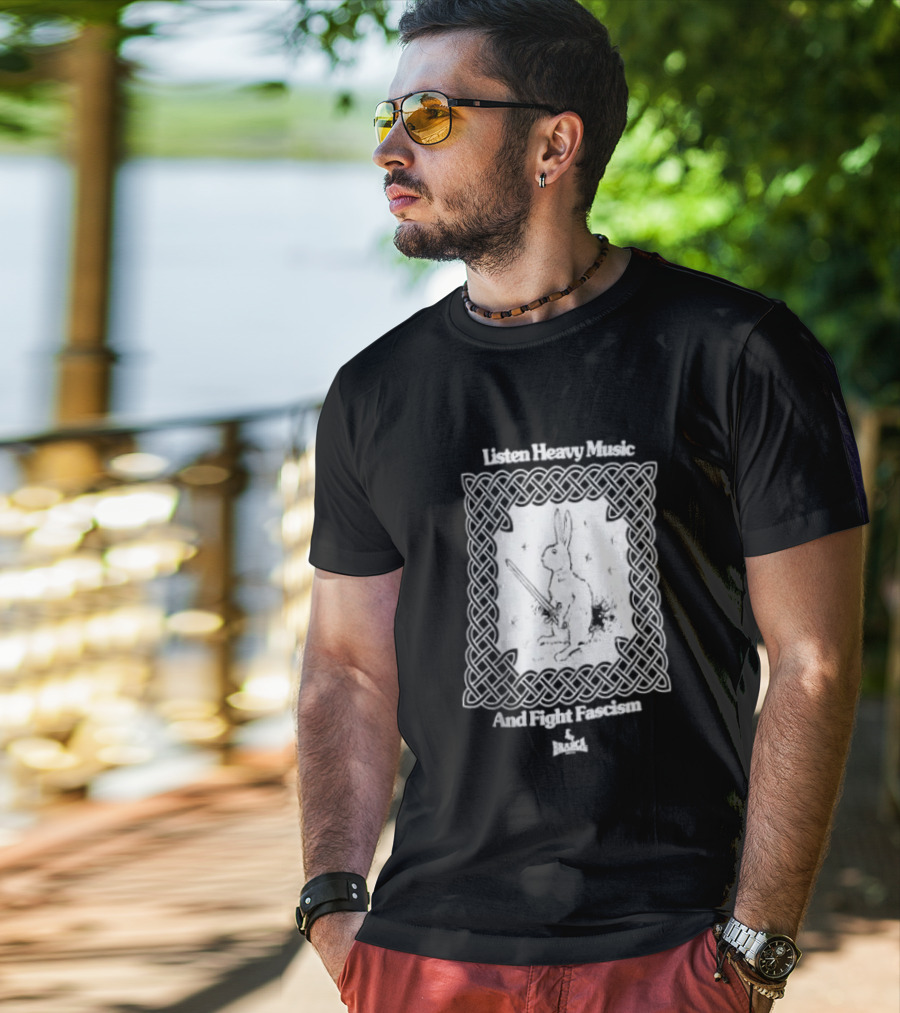 Listen Heavy Music And Fight Fascism Bunny With Sword Celtic Knot Frame T-Shirt