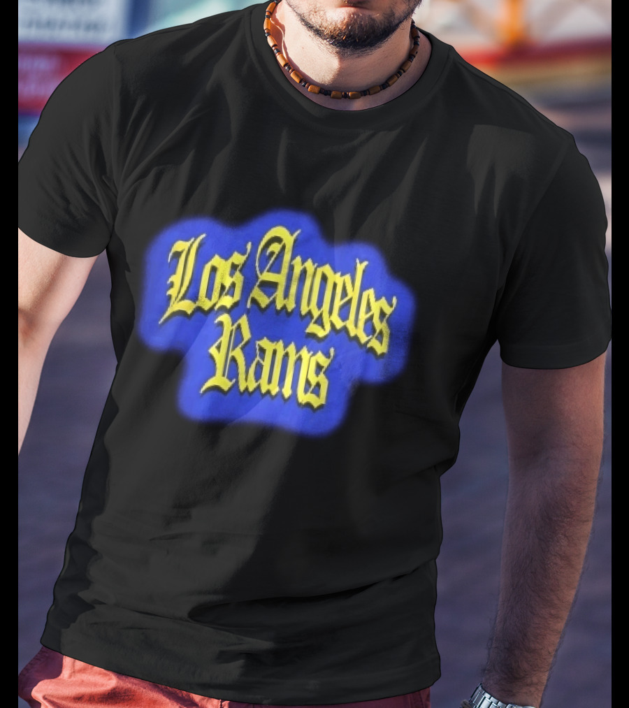 Los Angeles Rams Yellow Gothic Letters Blue Aura T-Shirt