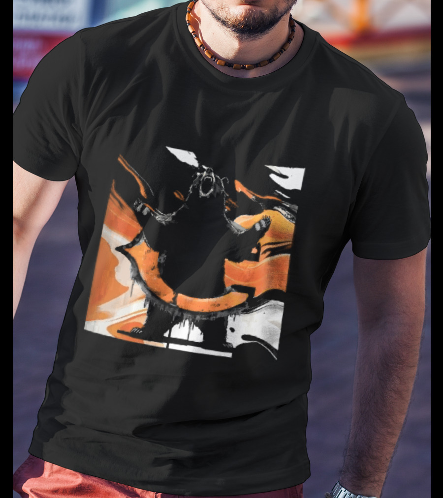 Roaring Black Bear Orange Liquid Swirls Dripping Banner T-Shirt