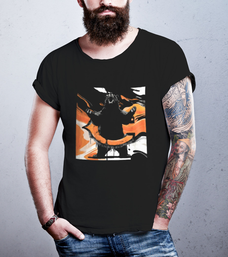 Roaring Black Bear Orange Liquid Swirls Dripping Banner T-Shirt