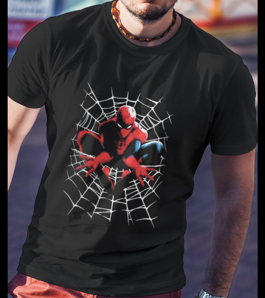 Marvel Spider Man Crouching Red Blue White Web Black T-Shirt
