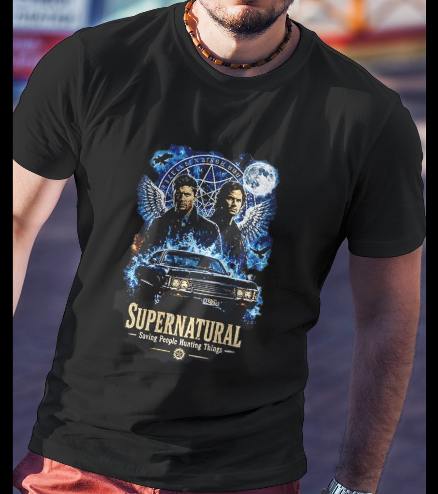 Supernatural Saving People Hunting Things Sam Dean Winchester Angelic Wings Moon Impala T-Shirt
