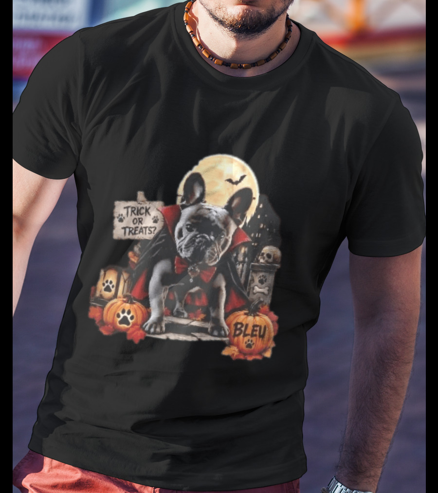 Trick Or Treats Bleu French Bulldog Vampire Cape Moon Pumpkins Halloween Scene T-Shirt