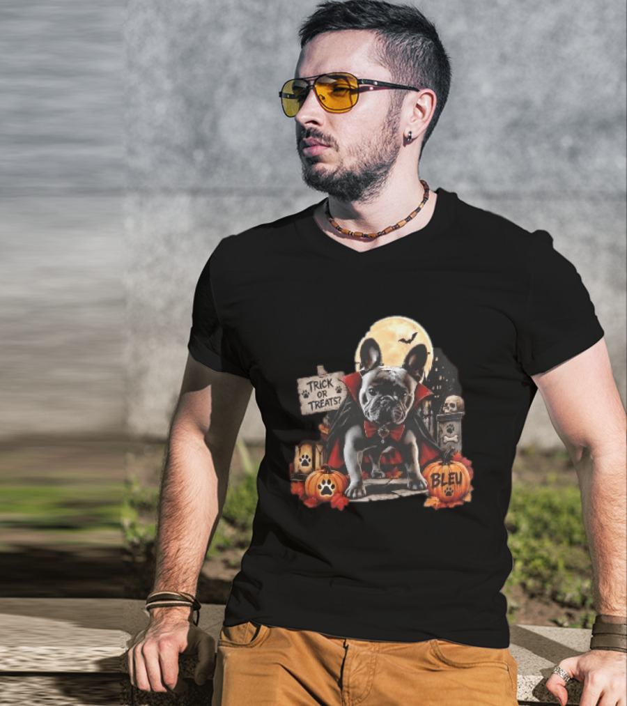Trick Or Treats Bleu French Bulldog Vampire Cape Moon Pumpkins Halloween Scene T-Shirt