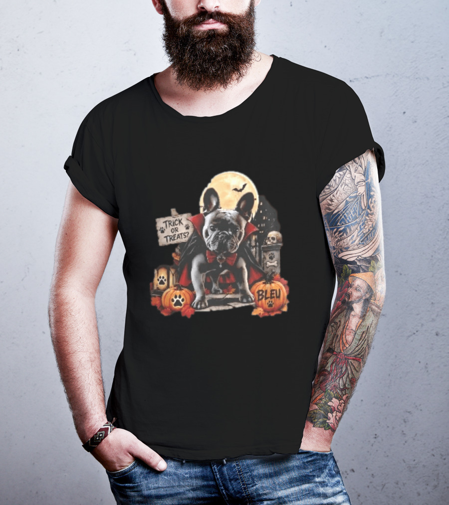Trick Or Treats Bleu French Bulldog Vampire Cape Moon Pumpkins Halloween Scene T-Shirt