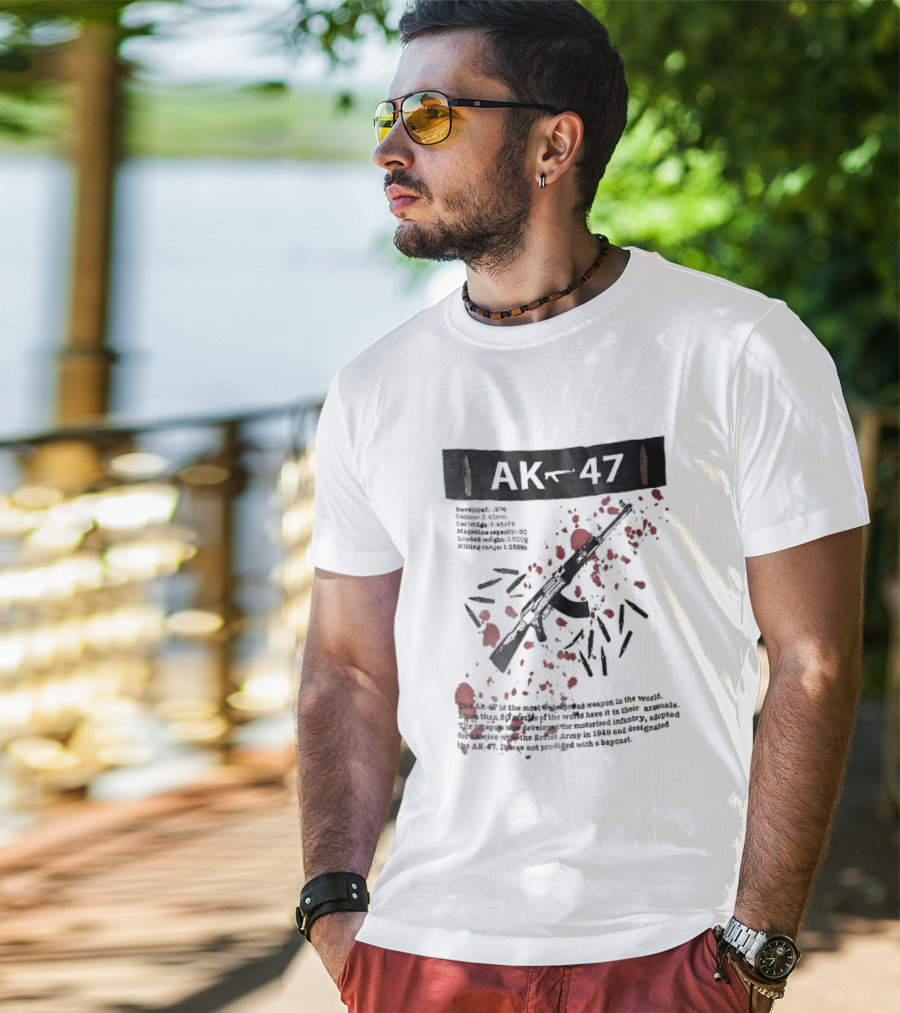 AK 47 1949 Rifle Sketch Red Blood Splatter Bullets Widespread Weapon Statistics T-Shirt