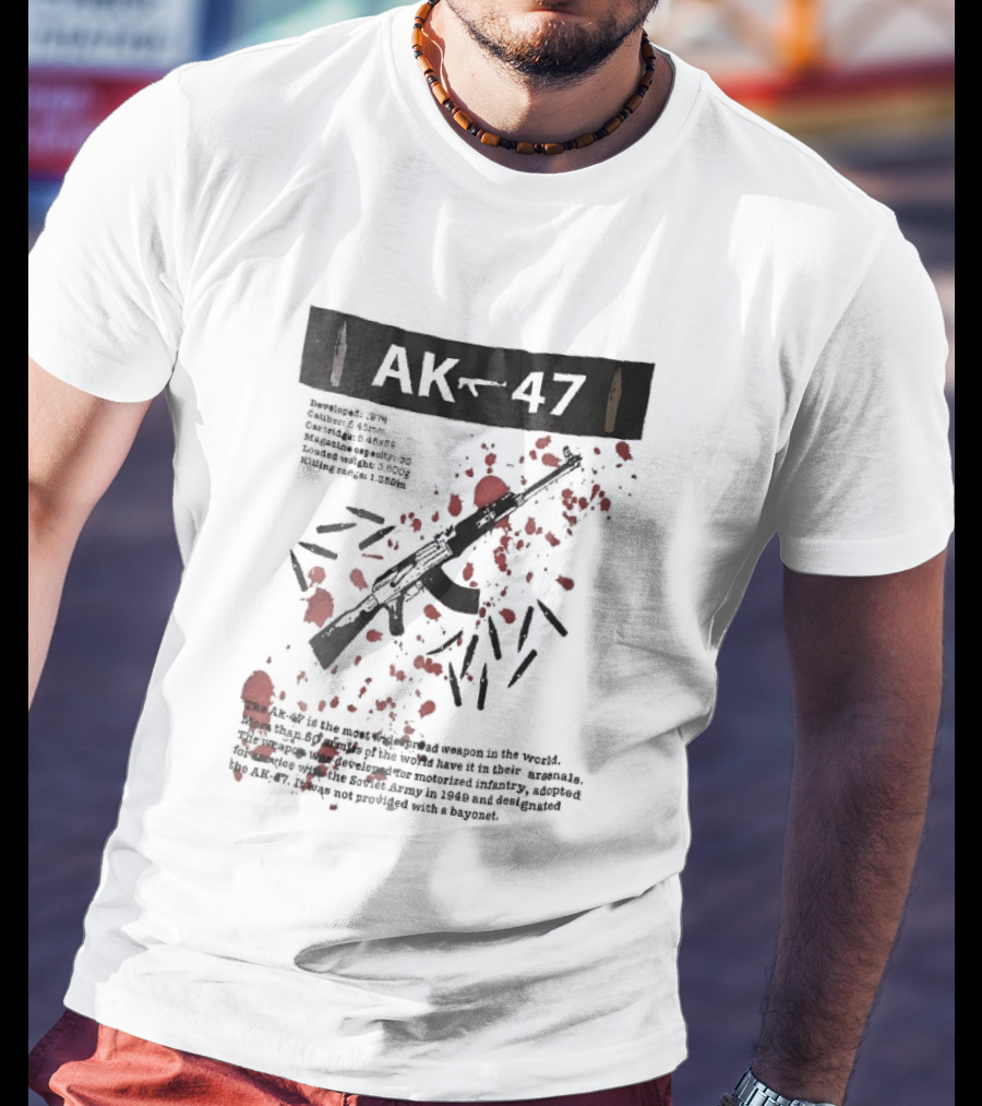 AK 47 1949 Rifle Sketch Red Blood Splatter Bullets Widespread Weapon Statistics T-Shirt