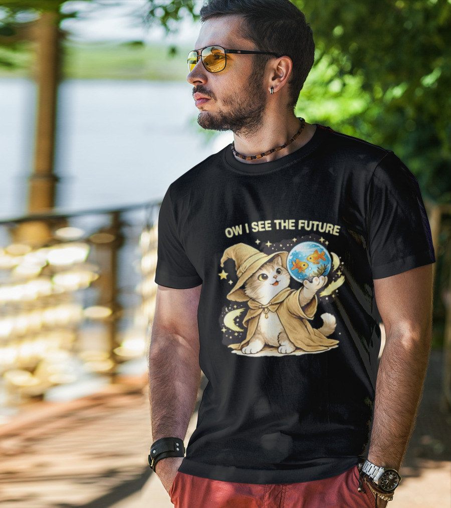 Wizard Cat Halloween Ow I See The Future Goldfish T-Shirt