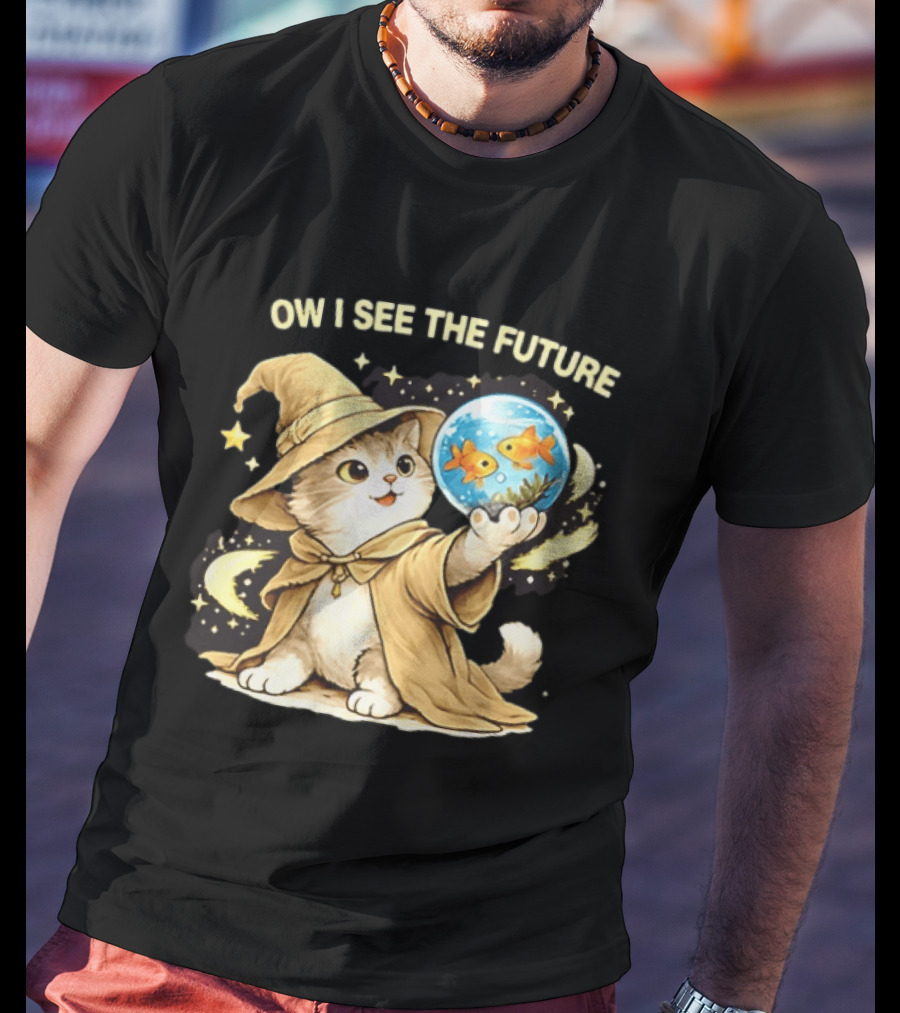 Wizard Cat Halloween Ow I See The Future Goldfish T-Shirt