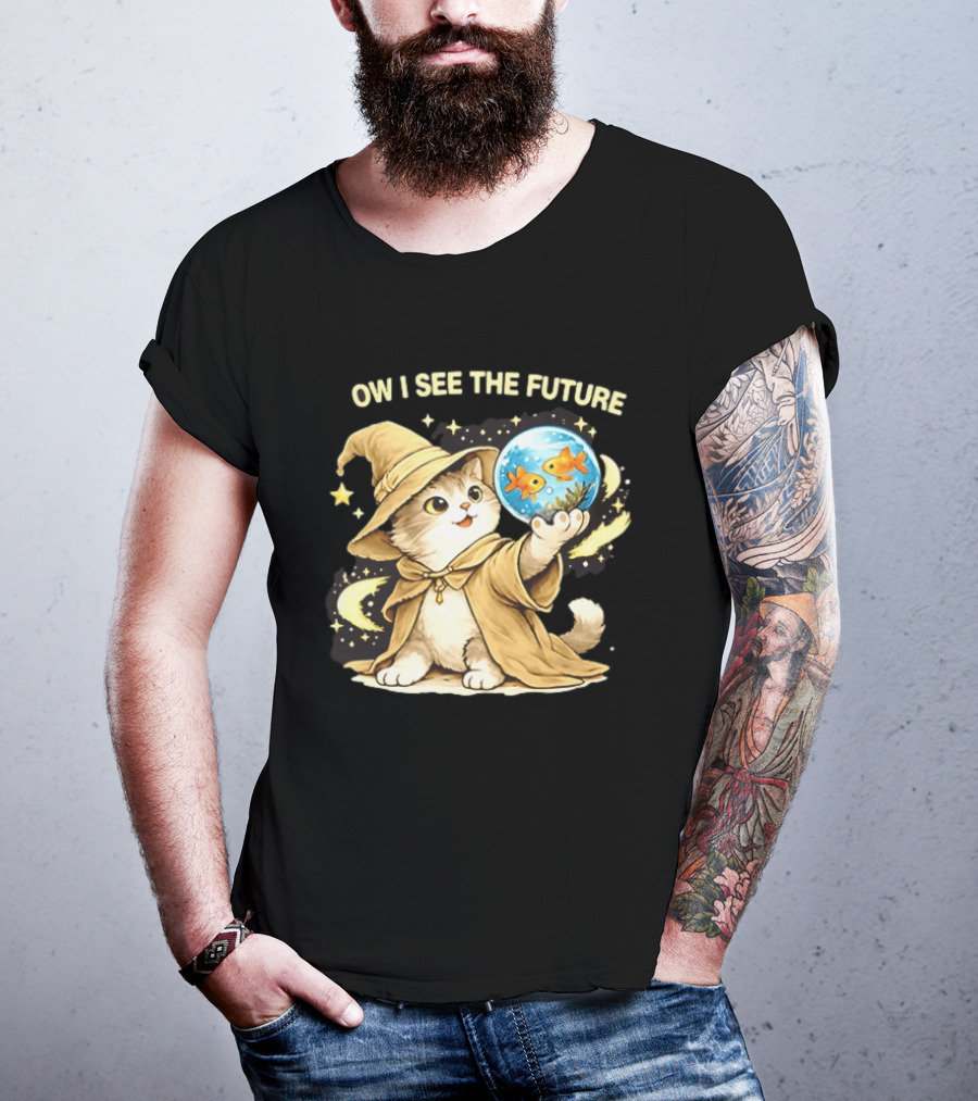 Wizard Cat Halloween Ow I See The Future Goldfish T-Shirt
