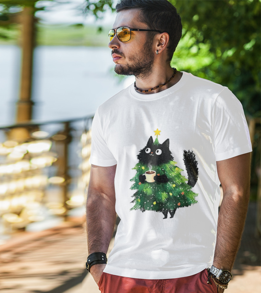 Black Cat Christmas Tree With Hot Coffee Cup T-Shirt