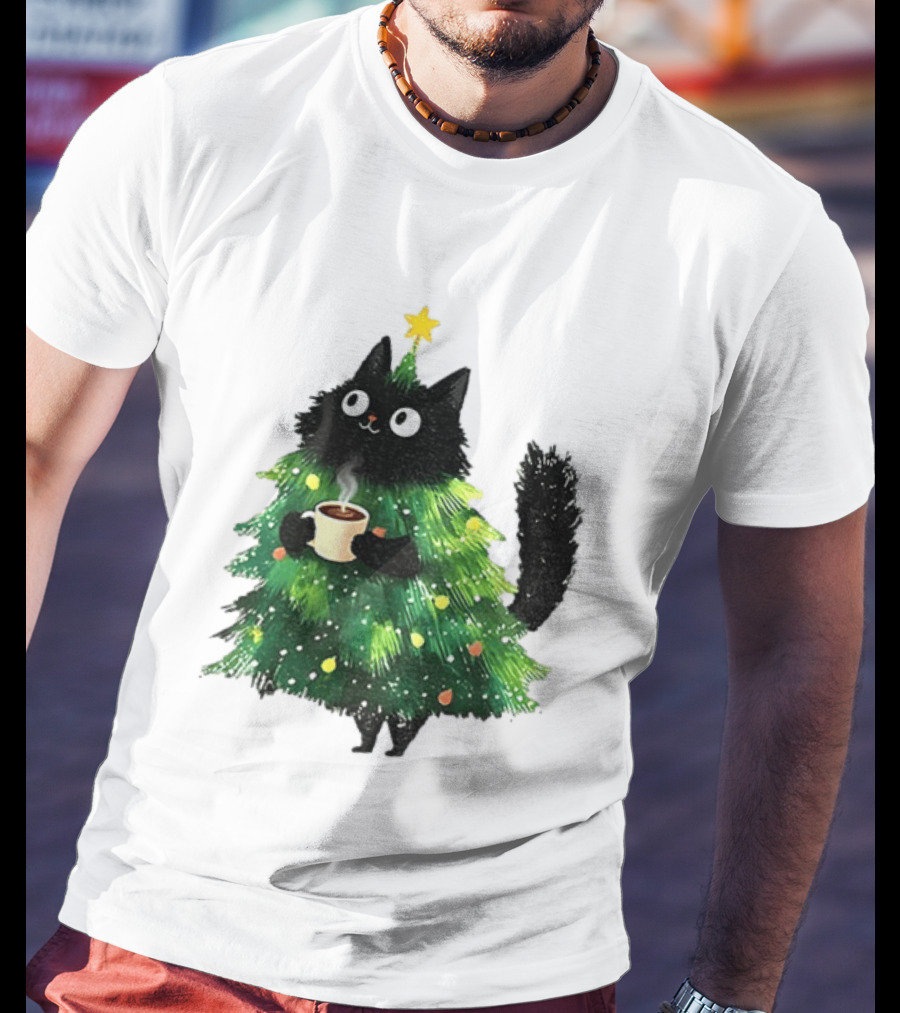 Black Cat Christmas Tree With Hot Coffee Cup T-Shirt