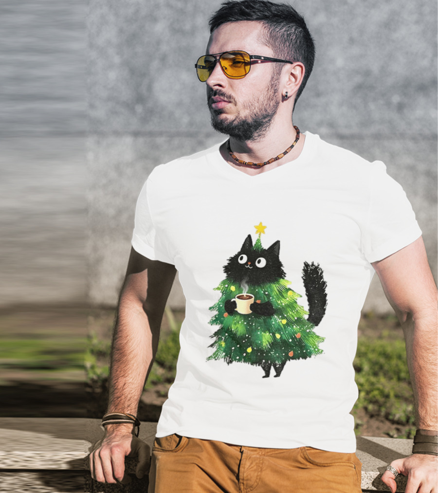 Black Cat Christmas Tree With Hot Coffee Cup T-Shirt
