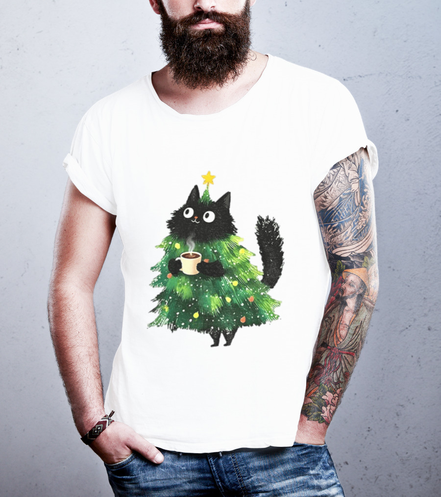 Black Cat Christmas Tree With Hot Coffee Cup T-Shirt