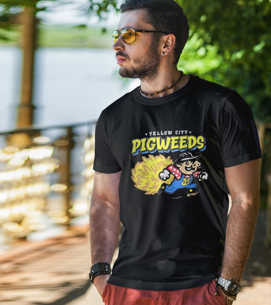 Yellow City Pigweeds Cartoon Cowboy Overalls Tumbleweed Running T-Shirt