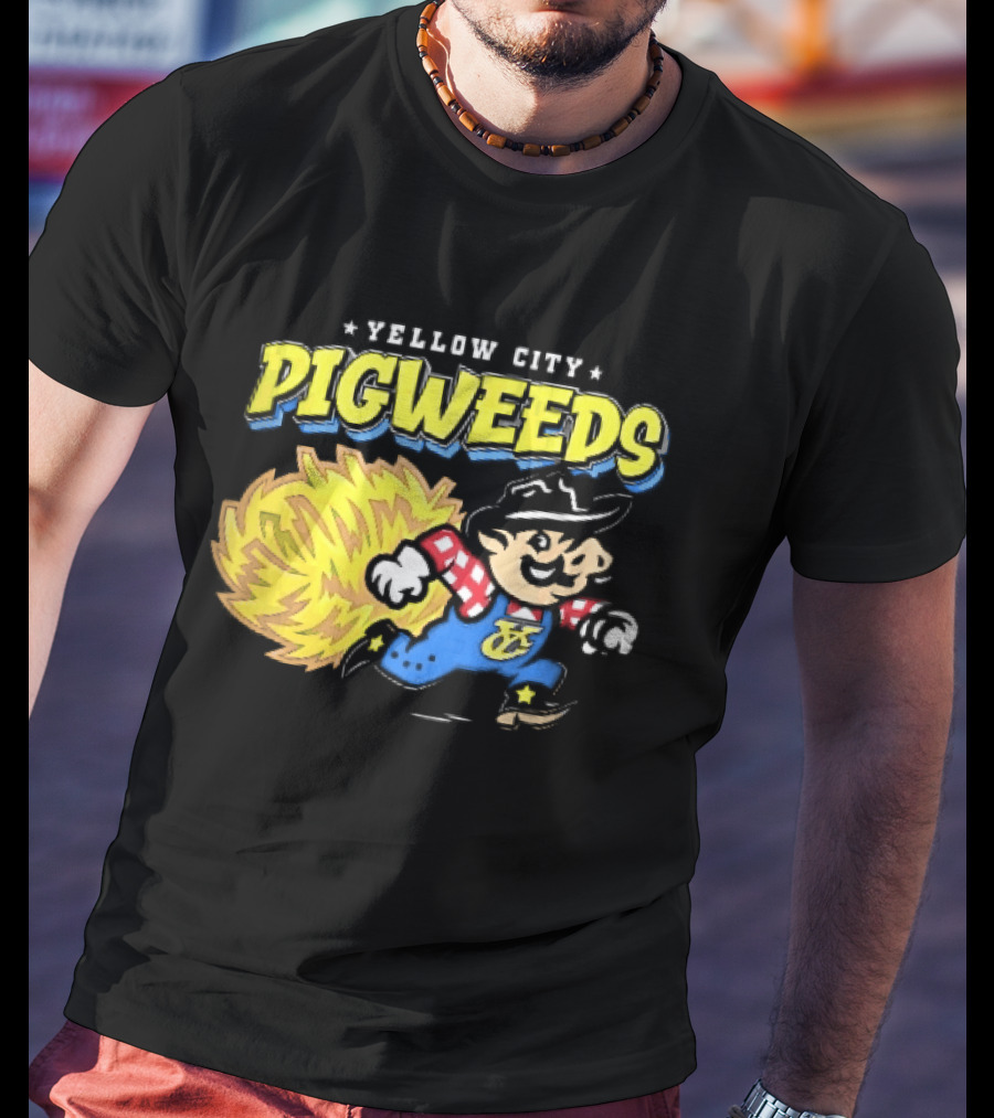 Yellow City Pigweeds Cartoon Cowboy Overalls Tumbleweed Running T-Shirt