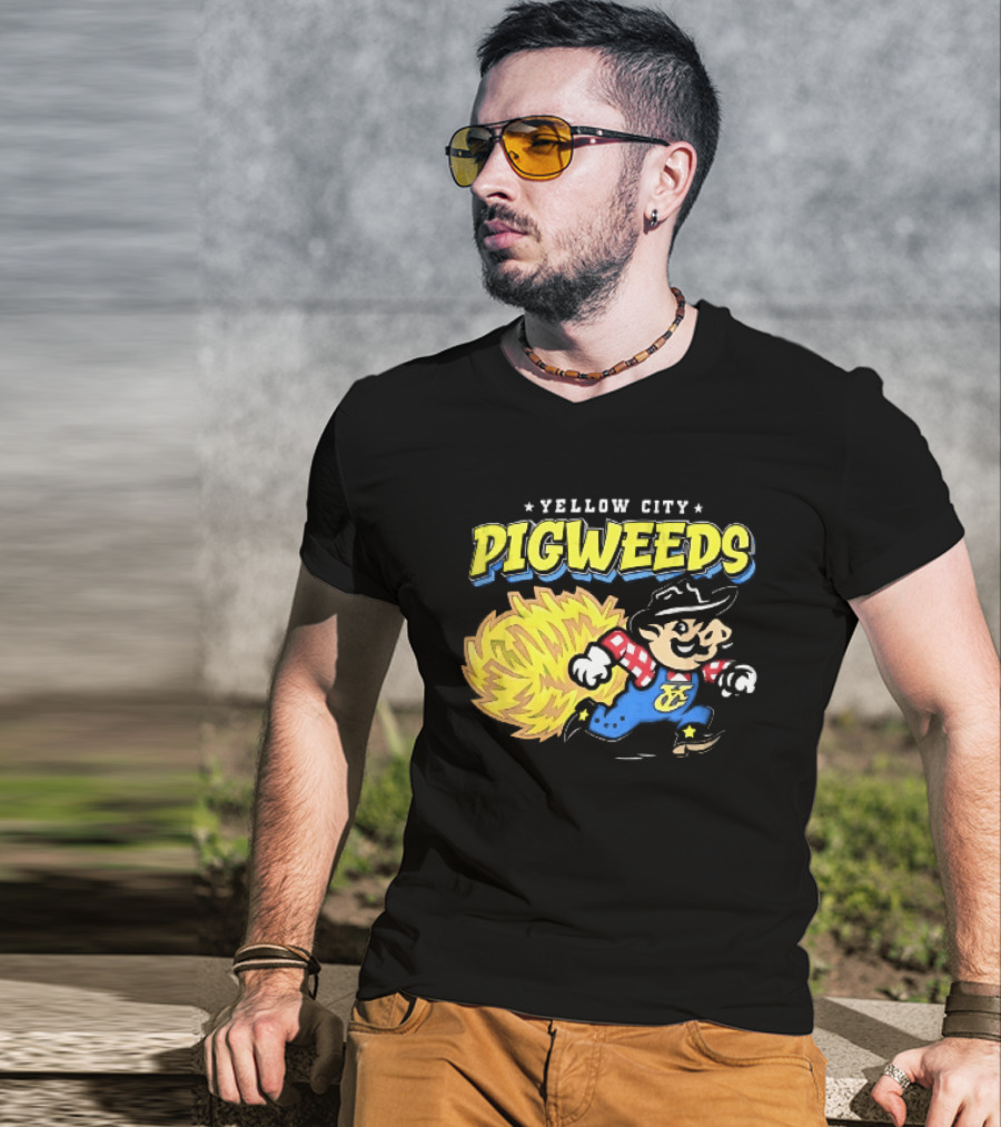 Yellow City Pigweeds Cartoon Cowboy Overalls Tumbleweed Running T-Shirt