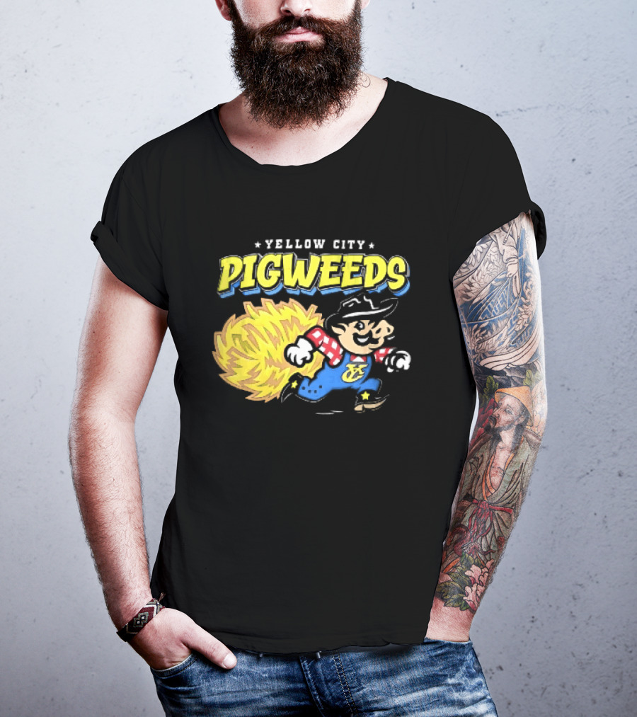 Yellow City Pigweeds Cartoon Cowboy Overalls Tumbleweed Running T-Shirt