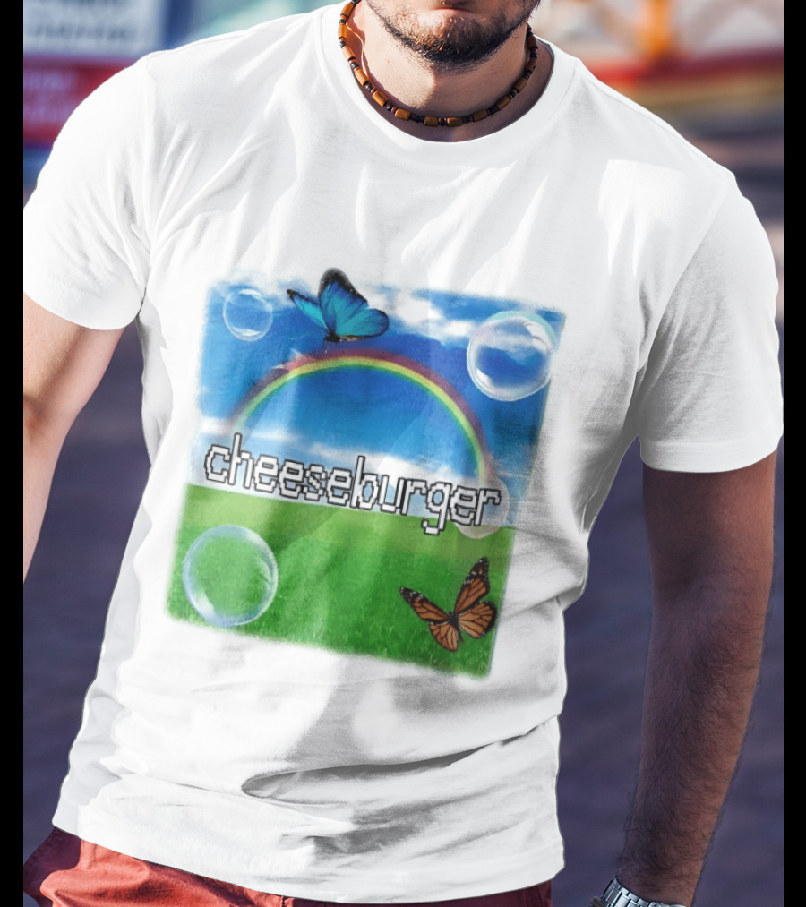 Cheeseburger Pixel Text Rainbow Butterflies Floating Bubbles T-Shirt