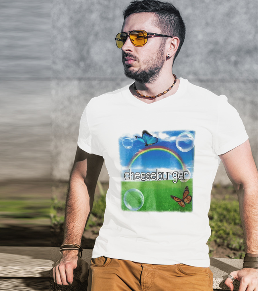 Cheeseburger Pixel Text Rainbow Butterflies Floating Bubbles T-Shirt