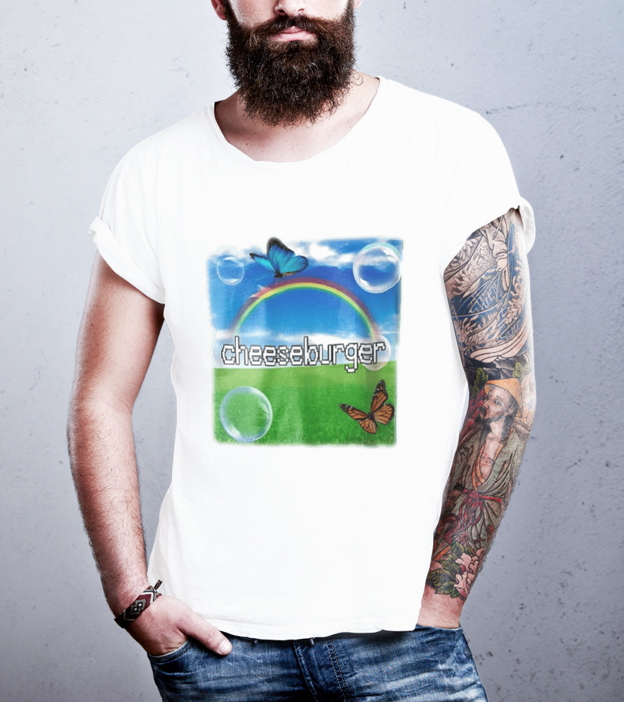 Cheeseburger Pixel Text Rainbow Butterflies Floating Bubbles T-Shirt
