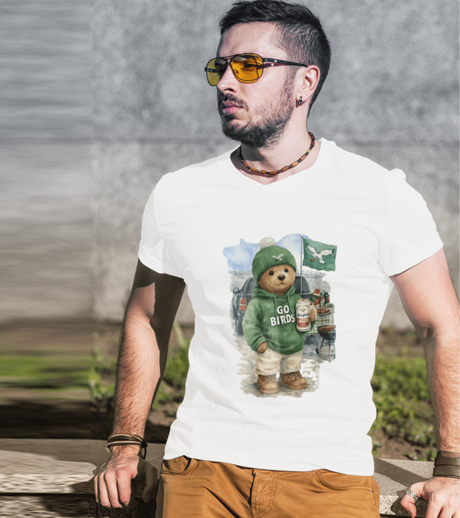 Philadelphia Eagles Go Birds Yuengling Lager Tailgate Teddy Bear Watercolor Truck Scene T-Shirt