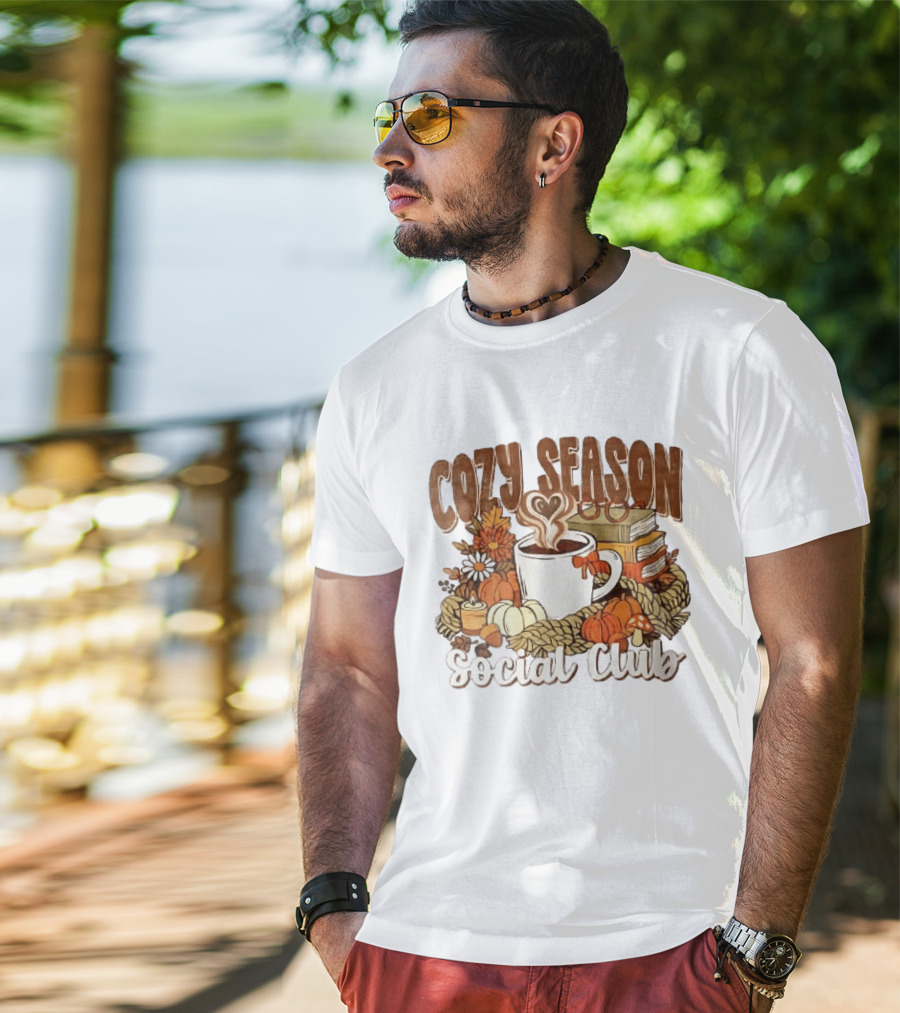 Cozy Season Social Club Coffee Books Pumpkins Knitted Blanket Autumn Vibes T-Shirt